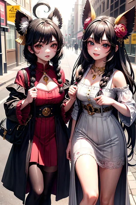 Best Quality, Masterpiece, Extremely Detailed, High Resolution, 4K, Ultra High Resolution, Detailed Shadows, Perfect Light and Shadow,duo, Two Girls in Stylish Clothes Taking Selfies on the Street, Colorful Braids, Anime Role Play, Anime Style Mixed Fujifi...