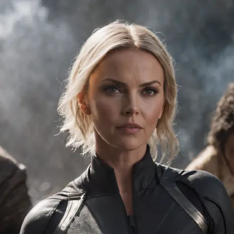 Charlize theron being the storm of x-man, with super realistic costume, enhancing the body, in high quality 8k