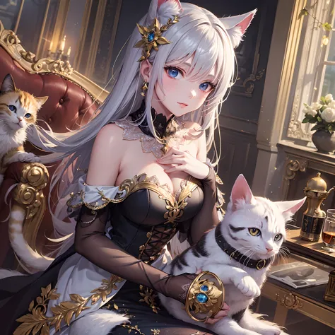 ((Finest quality)),(超A high resolution),(ultra-detailliert),((Best Anime)),sharpnes,Clair,Art with astounding depictions,Glamorous atmosphere:1.4, (dame:1.3,Glittering dresses),Sit on a chair and hold a cat to your chest