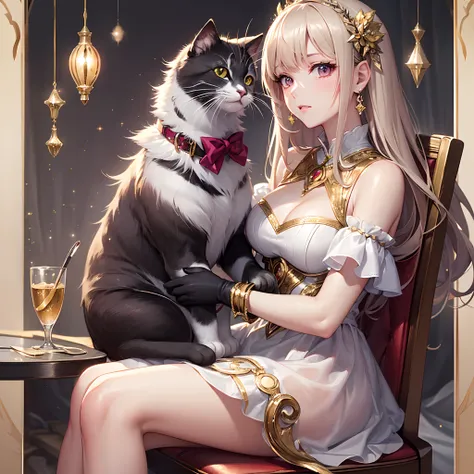 ((Finest quality)),(超A high resolution),(ultra-detailliert),((Best Anime)),sharpnes,Clair,Art with astounding depictions,Glamorous atmosphere:1.4, (dame:1.3,Glittering dresses),Sit on a chair and hold a cat to your chest