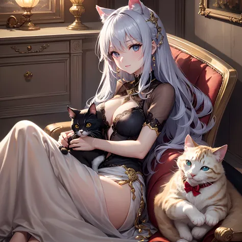 ((Finest quality)),(超A high resolution),(ultra-detailliert),((Best Anime)),sharpnes,Clair,Art with astounding depictions,Glamorous atmosphere:1.4, (dame:1.3,Glittering dresses),Sit on a chair and hold a cat to your chest