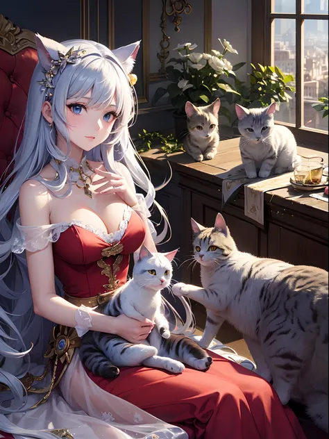 ((Finest quality)),(超A high resolution),(ultra-detailliert),((Best Anime)),sharpnes,Clair,Art with astounding depictions,Glamorous atmosphere:1.4, (dame:1.3,Glittering dresses),Sit on a chair and hold a cat to your chest