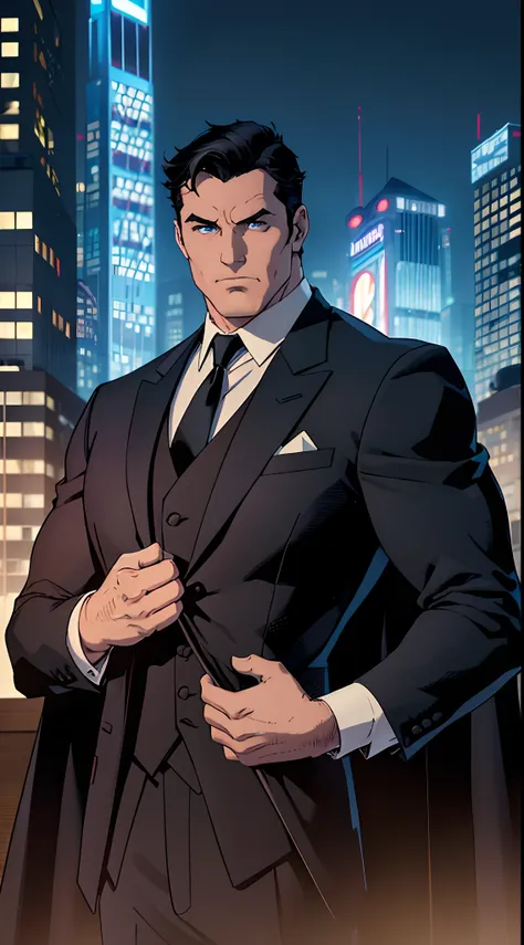 1 man, bruce wayne (batman), muscular male, daddy, large pectorals, male focus, middle-aged man, black hair, short hair, blue ey...