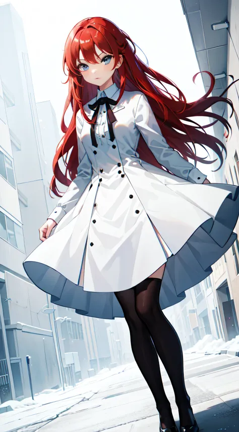 1girll;Short fiery red hair;messy hair style；Azuka blue eyes;Serious expressions;white dresses；Medium build；Black over-the-knee tights；Black flats;standing;Good light;Vacant land;