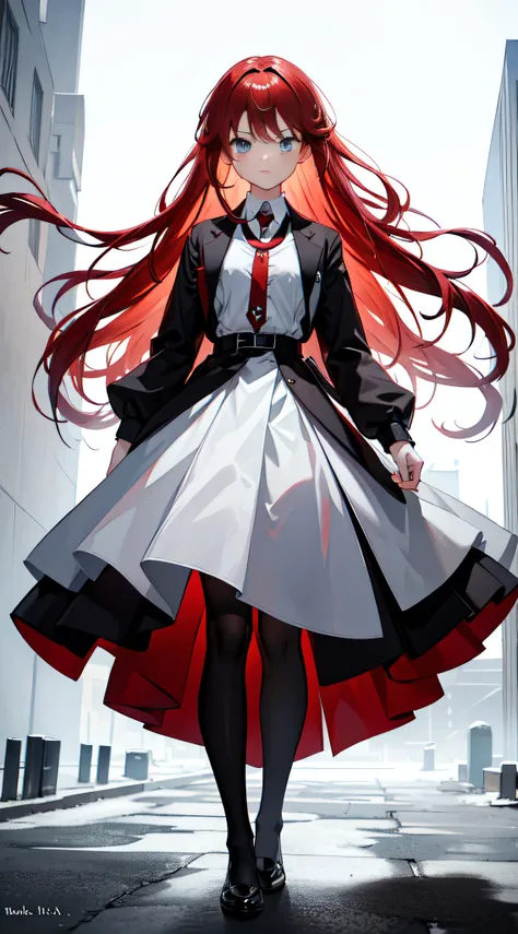 1girll;Short fiery red hair;messy hair style；Azuka blue eyes;Serious expressions;White shirt;grey necktie；black cloaths；Medium build；Black over-the-knee tights；Black flats;standing;Good light;Vacant land;