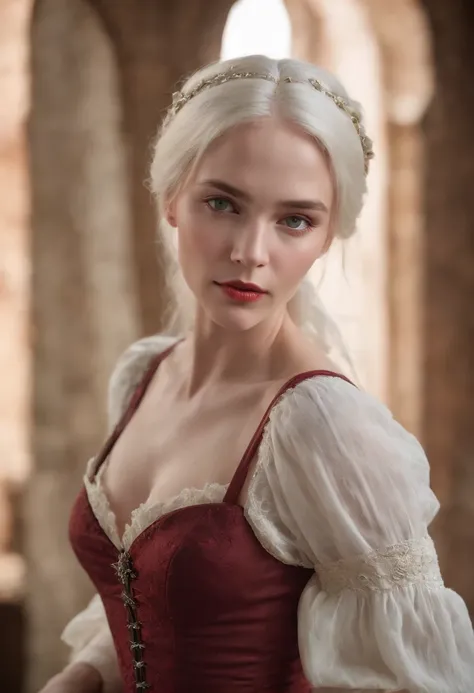 The prompt for Stable Diffusion is:
"A deep red gash runs across her left cheek. Pale complexion, woman around 19 years old, naturally white hair, unique green eyes, wearing a corset, slender and graceful figure, beautiful feet. Candlelight in a medieval s...