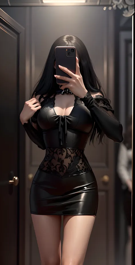 Close-up of a woman taking a selfie in a black dress, Sexy dress, laced dress, very sexy outfit, cruel korean goth girl, Sexy outfit, Black lace, Sexy look, intriguing outfit, lacey, intricate outfits, revealing outfit, gothic clothing, she wears a black d...