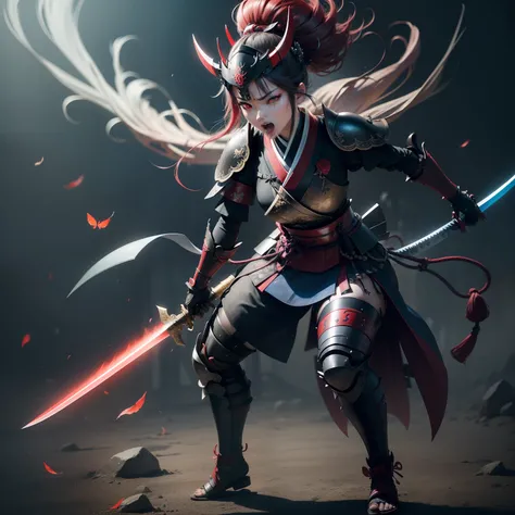 Illustration of a female samurai in Japan armor、A devil that combines creepiness and beauty、Atrocious、cruel、offensive、brutality、ruthless look、She wears a respectable helmet、Her hair is fluttering in the wind、Black conjunctiva and glowing red eyes、Blue skin...