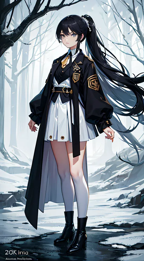 (Best quality,4K,Ultra-detailed,Photorealistic:1.2),A girl with long black hair and black eyes. her hair cascading down her back, Tied into a ponytail. She had a serious expression, Brows furrowed slightly. She wears a white suit, White stockings, and ligh...