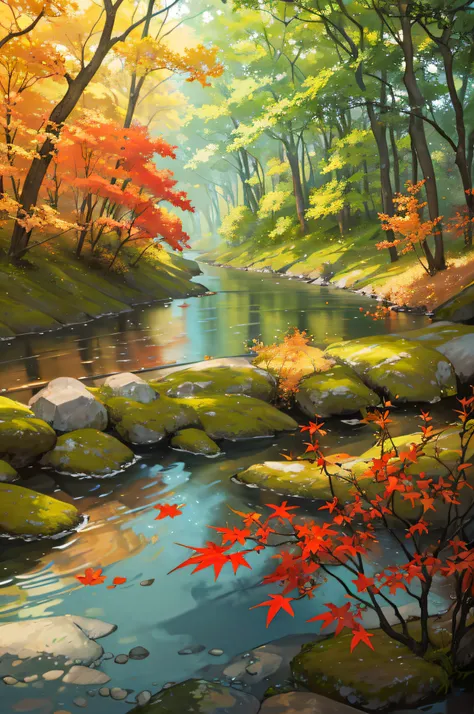 Forest
Stream
River
Spirit
Beautiful light
Leaves
Natural beauty
Wonder
Magic
Red leaves
Yellow leaves
Green forest
Light effects
Mystical ambiance
Water surface
River rocks
Shadows
Composition
Otherworldly experience