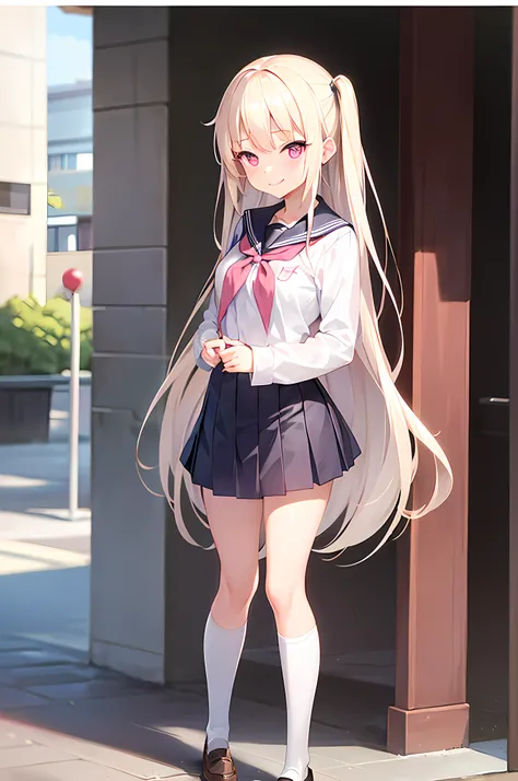 1girl. seifuku, female, miniskirt, platinum blonde hair, long hair, seductive smile, pink eyes, loafers, school, standing