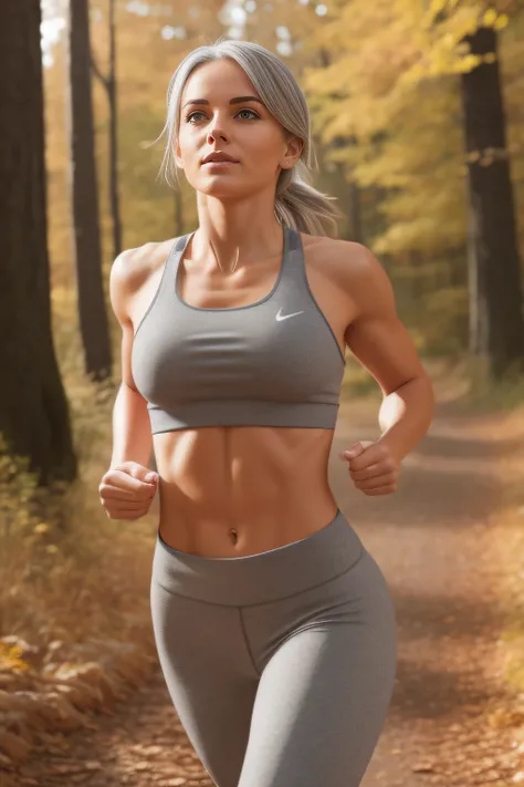 stunning grey haired girl with visible abs running through autumnal woods at the golden hour