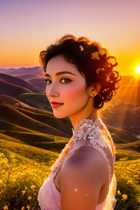 A beautiful woman stood atop a rocky outcropping, Her hair was swept up in loose curls that tumbled down her back, a subtle hint of makeup accentuated her high cheekbones, full lips, and flawless complexion. As she turned to face the camera, a soft smile p...