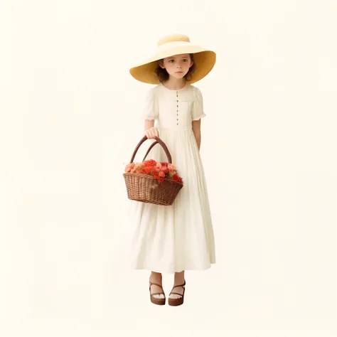 cinematic Film still from，There was a girl in a dress and hat holding a basket