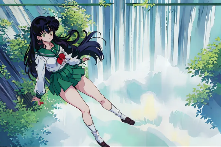 (best quality, masterpiece, highres), kagome higurashi, 1girl, solo, green school uniform, bare legs, long sleeves, white socks, standing , scenery, thighs thicc