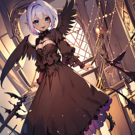 very cute female girl:1.5,(smile broadly:1.3),(Darkness:1.4),blue eyes,silver hair:1.3,(glay brown skin:1.7),elf ear:1.3, (raven wings:1.7),(dark elf:1.6),action:1.6,gothic mermaid dress:1.8,BREAK dutch angle shot,dynamic angle:1.6,ground-level shot,low an...