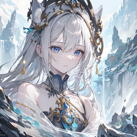 High definition RAW color art, Sculpture of an adventurer girl,  Train marble skin, High angle, (((Ultra detailed elegant))), Magical atmosphere, Face Focus, Waterfall, twinkle eyes, White and gray room, dog ear