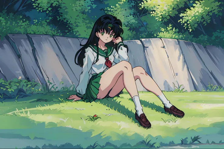 (best quality, masterpiece, highres), kagome higurashi, 1girl, solo, green school uniform, green legs, long sleeves, green socks, sitting, scenery,