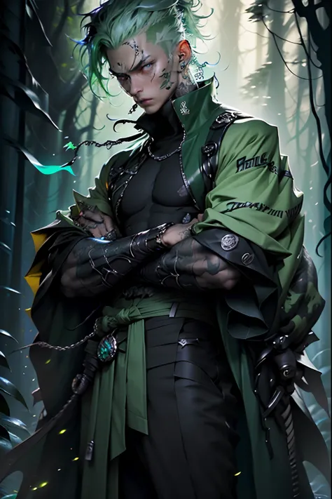 kpop boy wearing sage green futuristic jacket, handsome, charming, zoro vibe with katana, slim body, black turtle neck attire, big jacket, serious face, chains, tattoos, cool sit pose, big eyes, glowing forest background