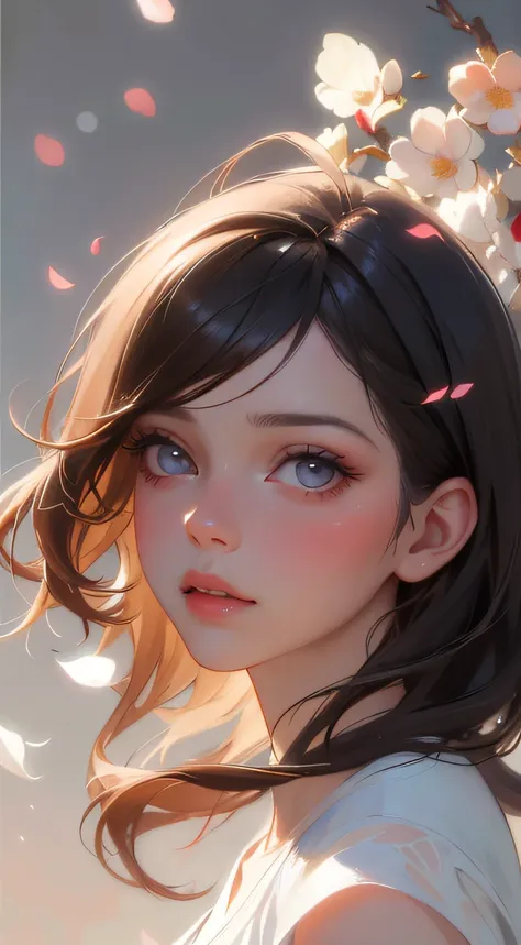 (best quality, masterpiece:1.2, ultra-realistic), 1 beautiful and delicate portrait of a girl, playful and cute, with floating p...