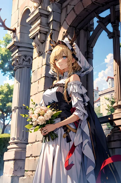 (tmasterpiece、top-quality、illustratio、Extremely high quality、high-level image quality、Extremely sensitive writing)Blonde girl standing in beautiful garden、A slight smile、She has a large bouquet、Cute national costume style dress，There are ruffles on the sho...