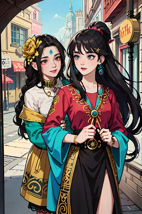 Best Quality, Masterpiece, Extremely Detailed, High Resolution, 4K, Ultra High Resolution, Detailed Shadows, Perfect Light and Shadow,duo, Two Girls in Stylish Clothes Taking Selfies on the Street, Colorful Braids, Anime Role Play, Anime Style Mixed Fujifi...