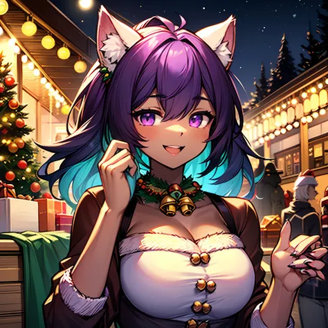 (((dark skin))), (((Santa, Christmas light, outdoor, Christmas market, Christmas tree, Jingle Bells))), High quality, Super Detail Art, 4K, masterpiece, Solo, ((Black furry)), Looking at Viewer, Wolf ears, Bangs, Upper body, animal ear fluff, Open mouth, P...