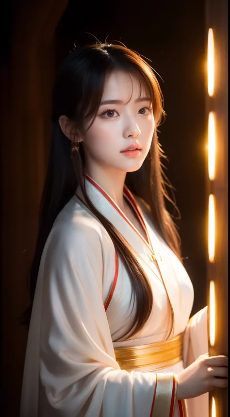 realistic photos of 1 cute Korean star, streaked hair, white skin, thin makeup, 32 inch breasts size, wearing Hanfu, in the shrine, upper body portrait, glowing light, UHD