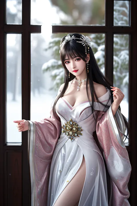 best qualityer，8K， tmasterpiece， A high resolution， 1girll， Clear silk porcelain dress， Fur coat， hair adornments， ssmile， Keep ones mouth shut， cparted lips，Large breasts，Shoulder， shift dresses， hair adornments， choker necklace， jewely， Chinese outfit， l...