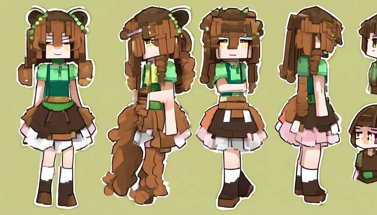 1girll, Solo, umamusume, Horse girl, Horse Ears, horse tails, Brown eyes, Brown hair, Long hair, Light smile, Ear arch, frill skirt, Green skirt, high waisted skirt, puffy short sleeves, Thin, Slender, (Japanese:0.8)