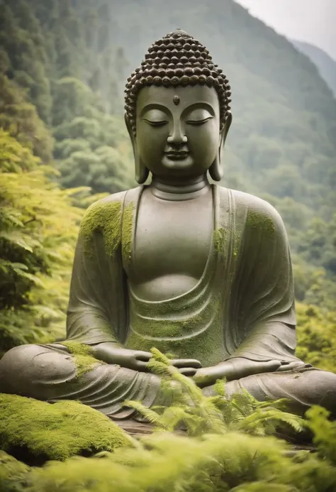 A huge Buddha statue deep in the mountains，One with nature，moss，the lush vegetation，rays of sunshine