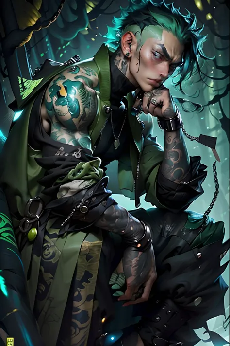 kpop boy wearing sage green futuristic jacket, handsome, charming, zoro vibe with katana, slim body, black turtle neck attire, big jacket, serious face, chains, tattoos, cool sit pose, big eyes, glowing forest background