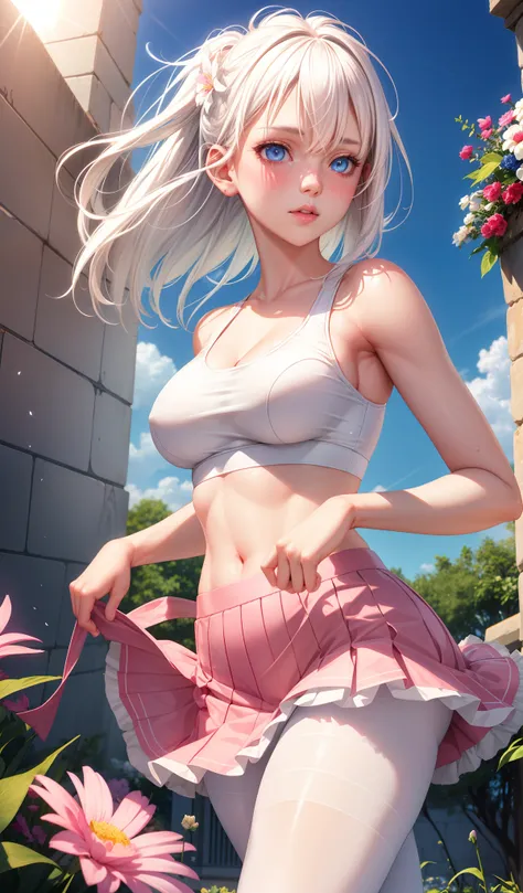 realistic, 1girl, white hair, Blue eyes, glowing eyes, skin tight sports bra, Loose pink skirt, white pantyhose, parted lips, blush, night, flowers, sun, sunlight,