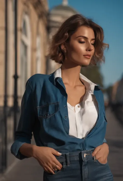 high-definition picture quality，realisticlying，bust，A beautiful model with short hair，（（（Wearing sky blue jeans））），（（（whitet-shirt））），Have on the street，Pop style，Simple Nordic style，