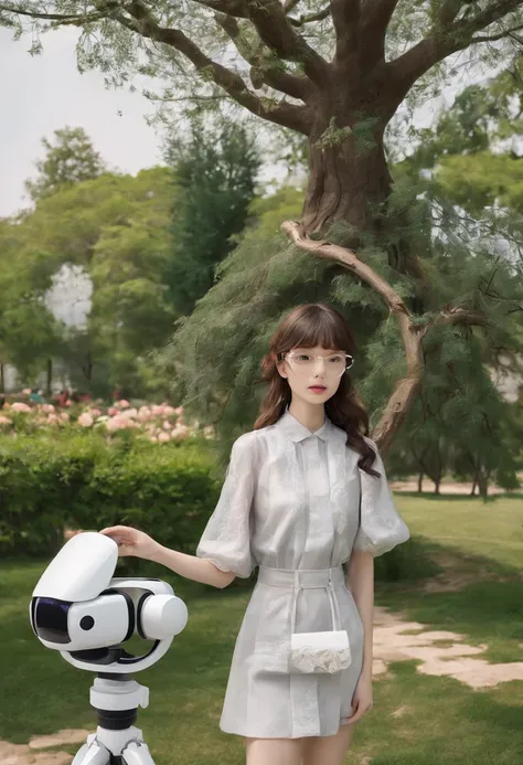 Girls use VR、AR、cameras、camera、Painting related elements、UAVs、mapping tools, etc))People drawing items to take pictures of the tree-lined little park --auto