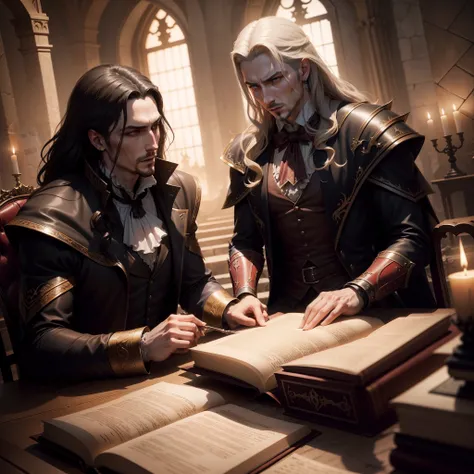 Castlevania Shadow Lord hyper realistic super detailed Dynamic shot centerpiece of Lord Dracula discussing ancient manuscripts with hyper realistic scholarly demons great scenes