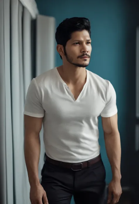 (Man with stylish outfit), ), (short beard,) (black eyes) (Portrait) Attractive and serious look, black hair, Stylish and elegant, and strong body t-shirt, man similar to actor iko uwais, (High quality and realistic image), in the background Scandinavian a...