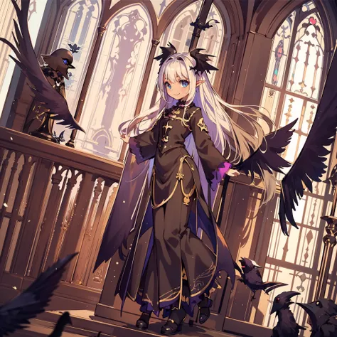 very cute female girl:1.5,(smile broadly:1.3),(Darkness:1.4),blue eyes,silver hair:1.3,(glay brown skin:1.7),elf ear:1.3, (raven wings:1.7),(dark elf:1.6),action:1.6,gothic mermaid dress:1.8,BREAK dutch angle shot,dynamic angle:1.6,ground-level shot,low an...