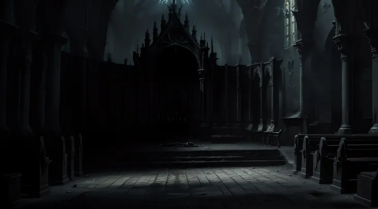 Empty dark church, horror cinematic, ultra detailed, photorealistic, masterpiece.