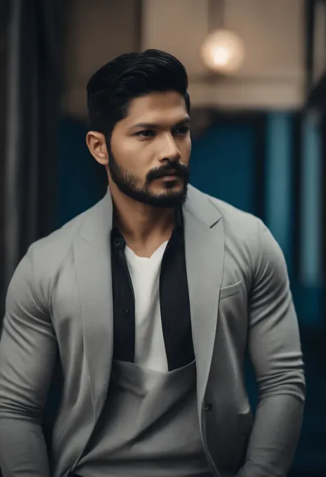 (Man with stylish outfit), ), (wearing long short beard,) (black eyes) (Portrait) Attractive and serious look,black hair, Stylish and elegant, and strong body t-shirt, man similar to actor iko uwais, (High quality and realistic image), in the background Sc...