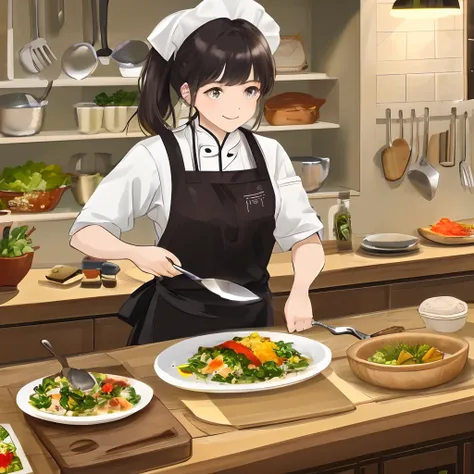 A scene of a chef cooking food，Presented in illustrated form。The chef wears traditional chef attire，Stand intently in the kitchen。A variety of ingredients and cooking utensils are placed on the table，Showcasing the richness and diversity of cooking。The che...