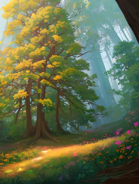 masterpiece, best quality, high quality, extremely detailed CG unity 8k wallpaper, An enchanting and dreamy scene of a fantasy forest, artstation, digital illustration, intricate, trending, pastel colors, oil painting, award winning photography, Bokeh, Dep...