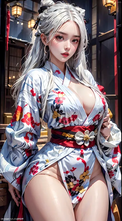 Best quality, masterpiece, high resolution, (perfect body shape), 1girl, detailed face, white hair, thick waist, thick thighs, wearing kimono_clothes