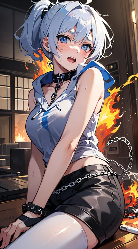 top-quality、Top image quality、​masterpiece、girl with((18year old、tatteredclothing、Black tank top、Black short-sleeved hoodie、White pants、Best Bust、Bust 85、silber hair、disheveled ponytail、Blue eyes、open chest wide、Happiness、Sweating、Chain Accessories、break d...