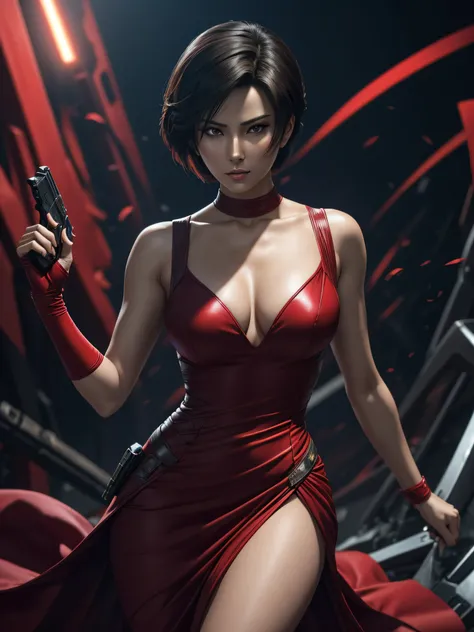 Arti modern anime. angled view, heroic pose, face closeup portrait of stunningly beautiful (Ada Wong from Resident Evil) as an heroic brave lady, in a violent action scene, wind blowing short black hair, slim body, highly ornamented and detailed red long d...