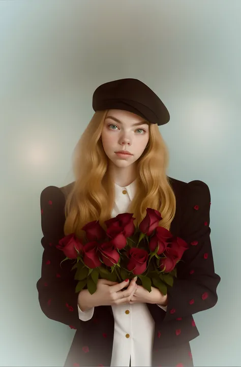 There is a woman holding a bunch of roses in her hands, Album art, com flores, Retrato de Anya Taylor-Joy, coberto de veludo e flores, segurando flores, sophie cover album, inspirado em Sandro Botticelli, inspirado em Dieric Bouts, Directed by: Emma Andije...