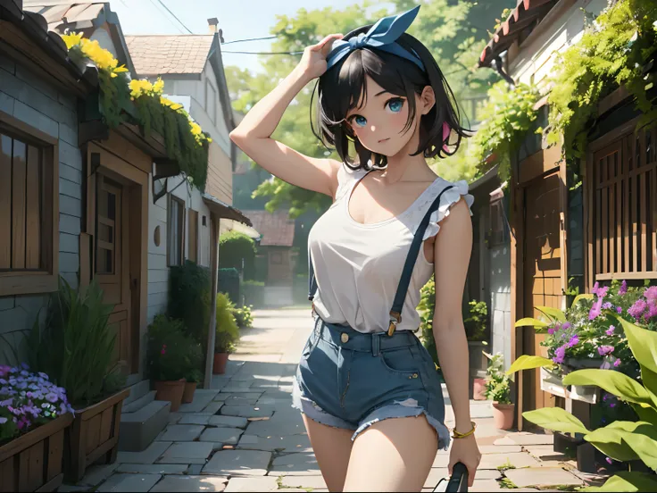 (best quality,4k,8k,highres,masterpiece:1.2),ultra-detailed,(realistic,photorealistic,photo-realistic:1.37),Denim shorts,white sneakers,white tank top,black hair,(beautiful,detailed:1.1) teal eyes,(long, curly:1.1) black hairband, (fresh-faced, radiant:1.1...