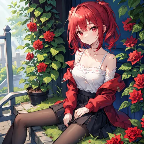 Red hair、Hair is up、red eyes、Beautiful girl alone、off shoulders、a miniskirt、Bright red rose garden、sitting on、Black tights