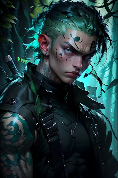 kpop young boy wearing sage green futuristic jacket, handsome, charming, zoro vibe with katana, slim body, big sword katana black turtle neck attire, big jacket, serious face, chains, tattoos, cool pose, big eyes, glowing forest background