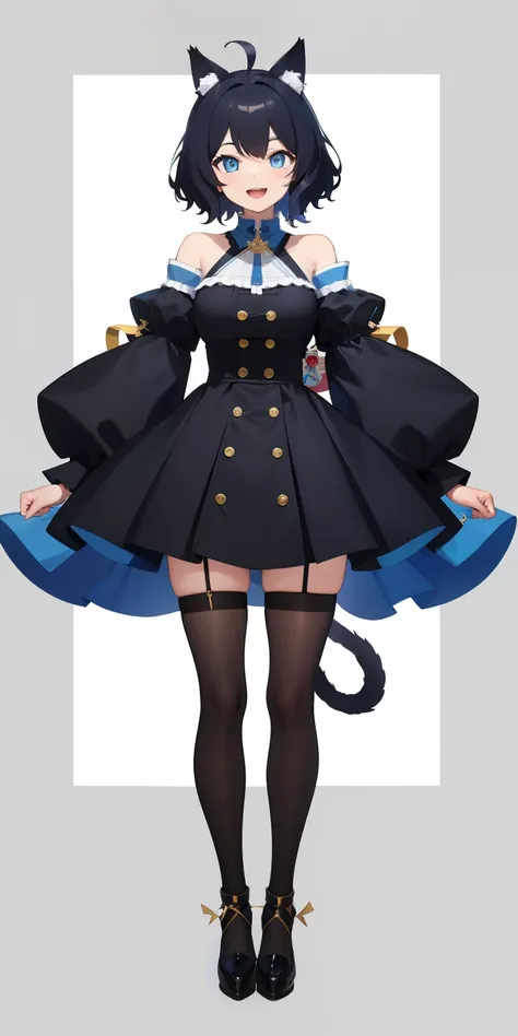 Full body,(( Upright)), ((Arms at sides)), Looking at Viewer, Simple background, 1girl in, Open mouth, Smile, Virtual Youtuber、girl with、、((Best Quality, high_resolution, Distinct_image)),(Black hair), (Black cat ears), (Ahoge), (absurdly short hair), (Wav...